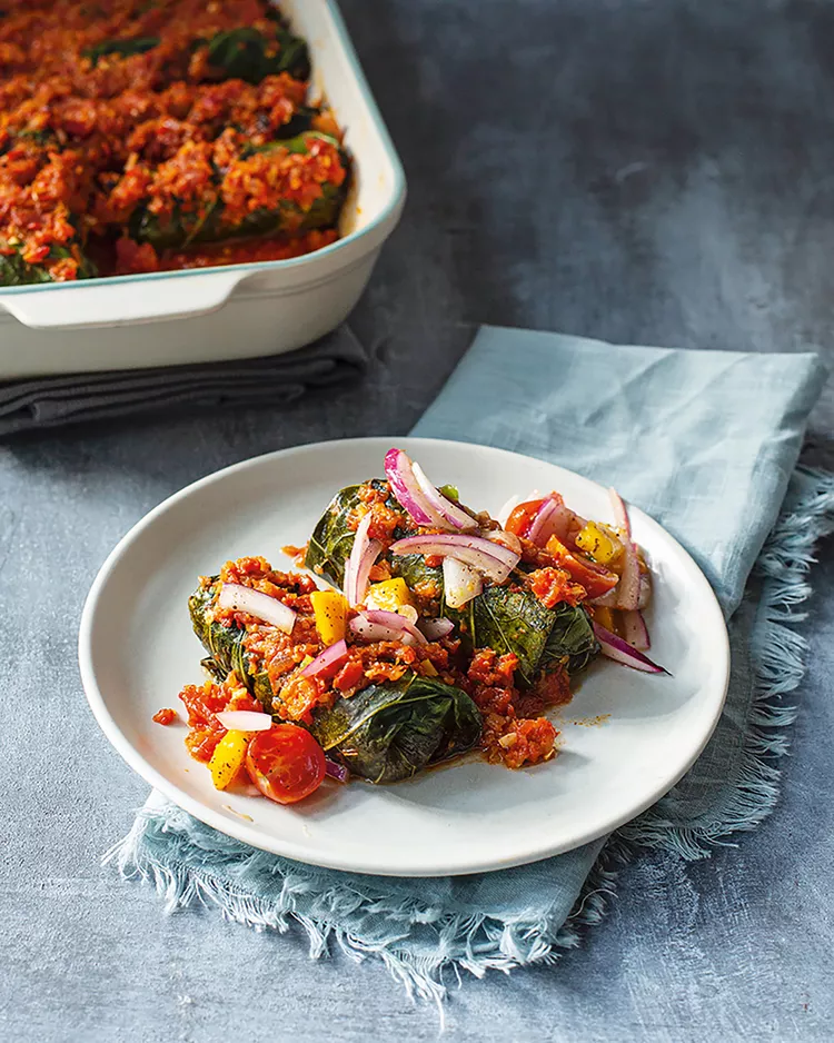Fonio Stuffed Collards with Pepper Sambal and Sauce Moyo