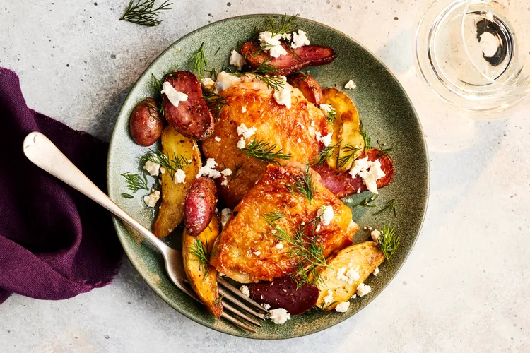 Hot Honey Chicken Thighs with Lemon Oregano Potatoes