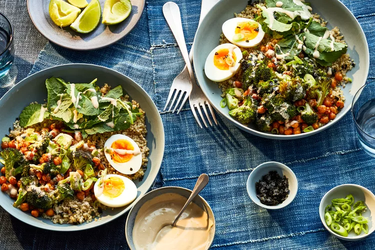 Roasted Vegetable Grain Bowl with Chickpeas and Tahini-Ginger Dressing