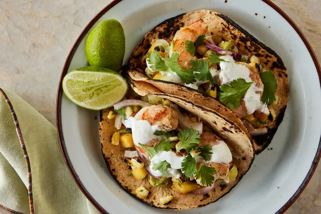 Grilled Shrimp Tacos with Charred Corn & Peach Salsa